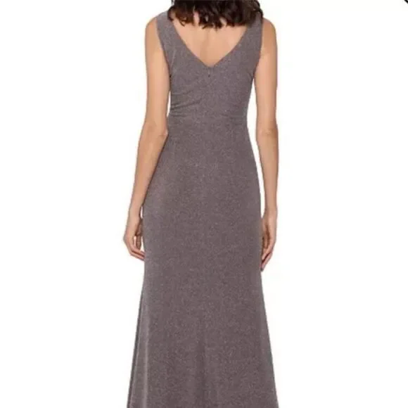 Betsy & Adam A23550 Cascade-Front Glitter Gown Sleeveless Taupe/Silver 8